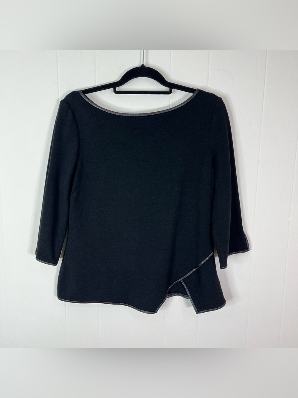 St. John by Marie Gray Black Wool Blend Leather Trim Top Size 12